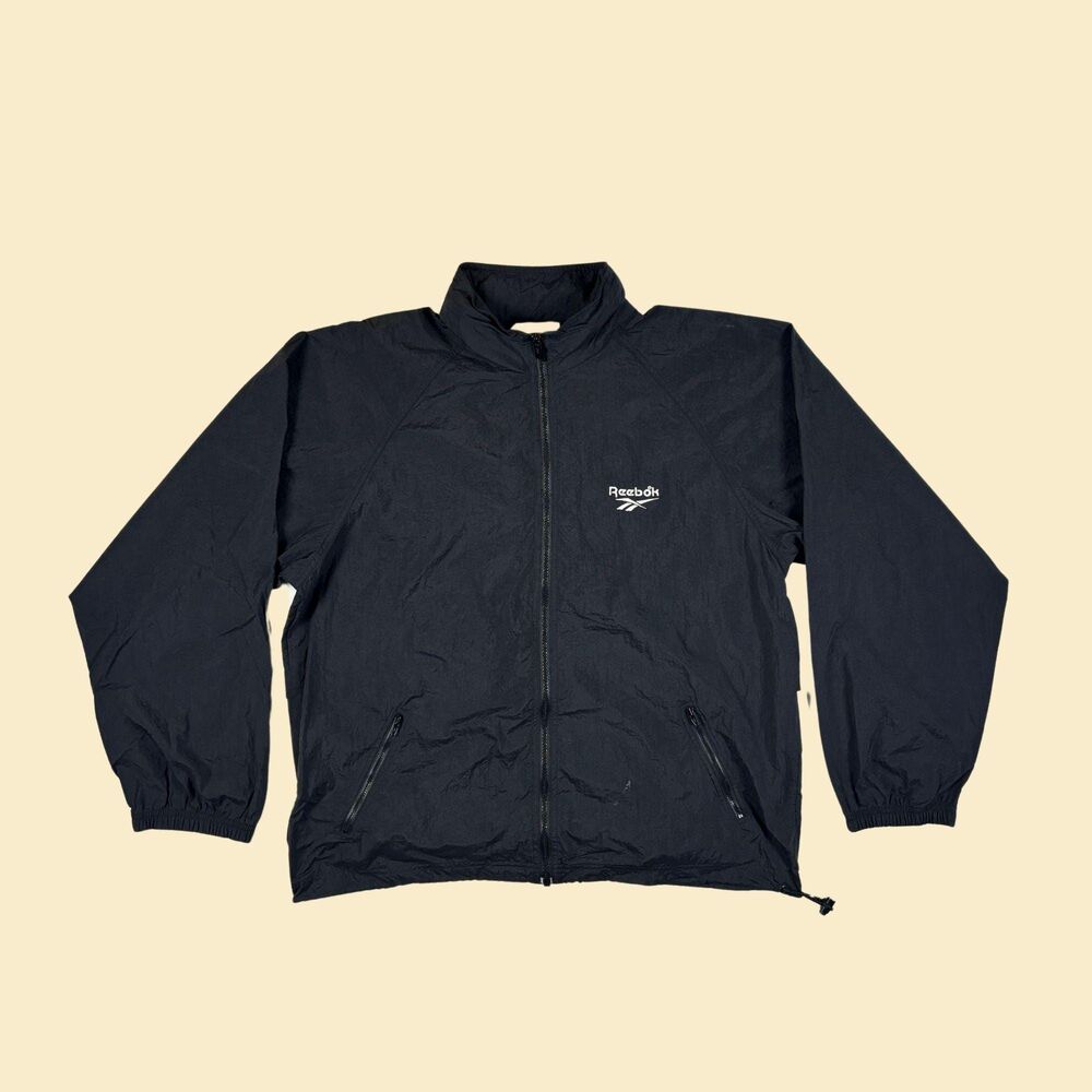 1990s M Reebok windbreaker, vintage black & white zip up jacket w/ hideaway hood